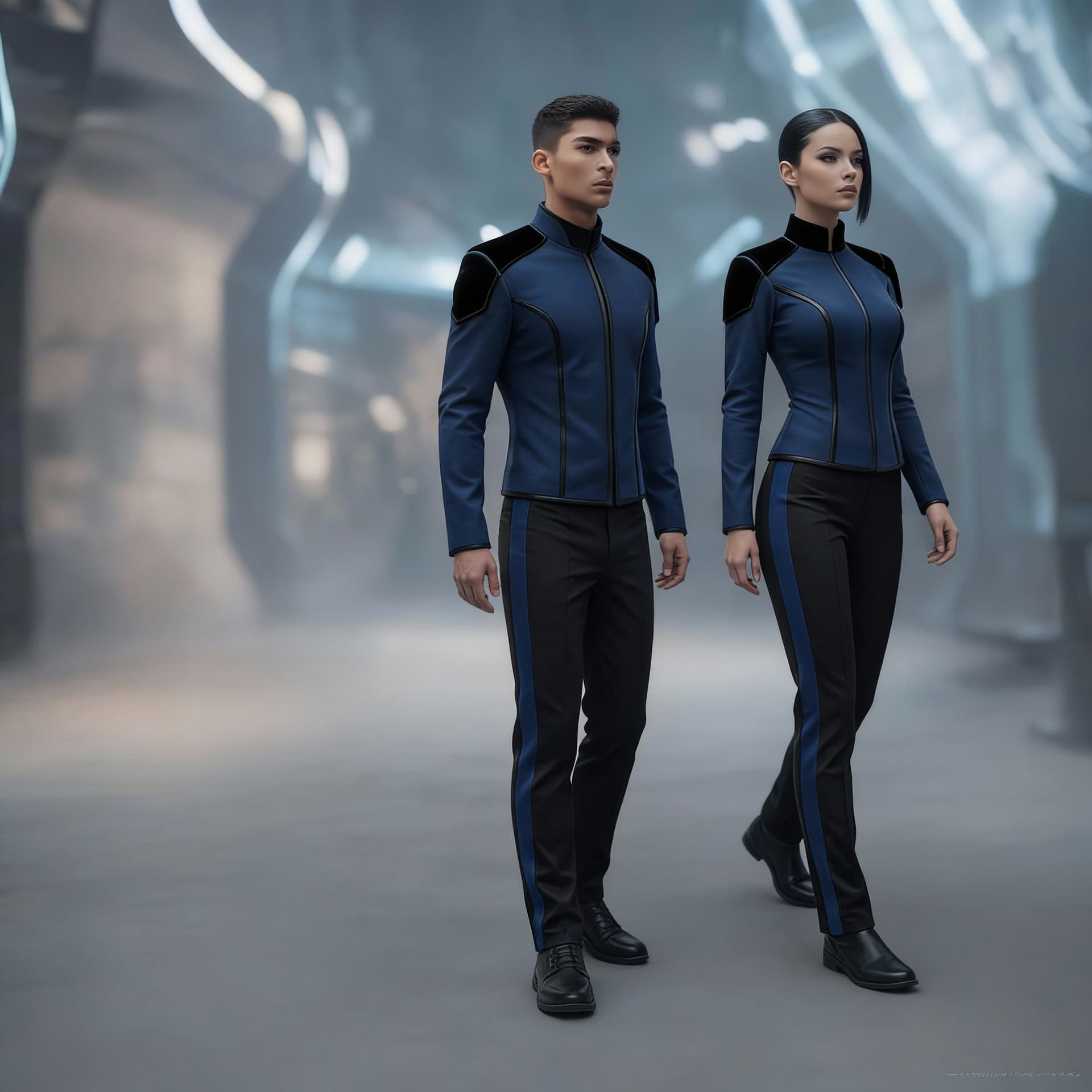 AI generated: Create matching Sci-Fi uniforms. Use the reference image and turn all shoulder traps to black. Just ...