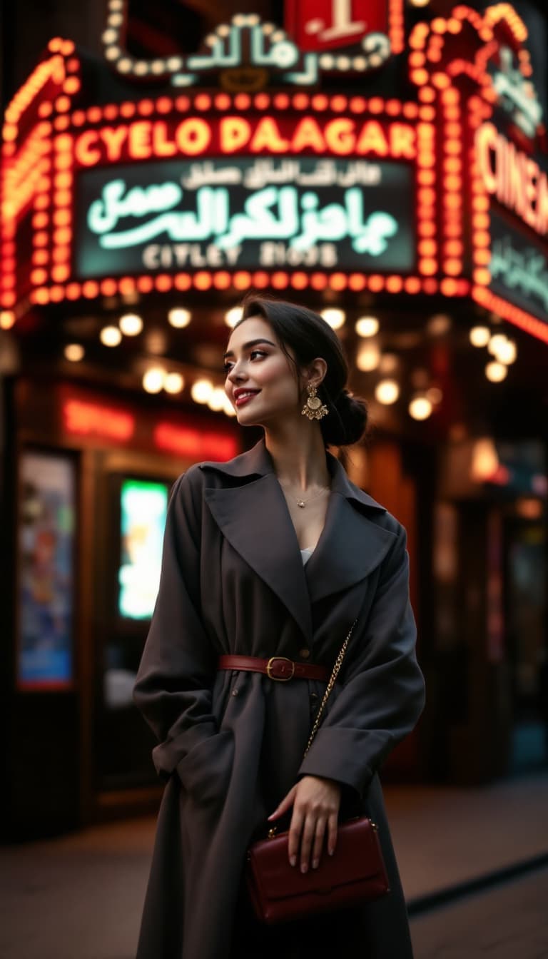 AI generated: eyes bird view, A woman in a traditional yet modernized long coat, standing in front of a vintage ci...