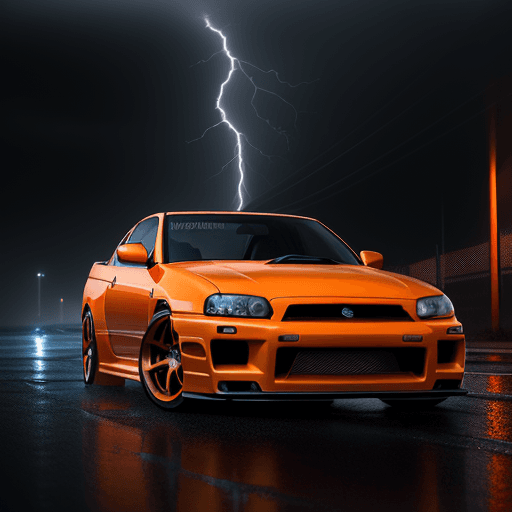 AI generated: "Create a stunning and realistic digital artwork featuring a vibrant orange Nissan R34 against the b...