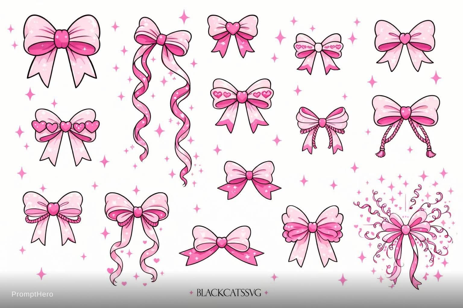 AI generated: Adorable coquette bow pack, 10 distinct bows on pure white background, delicate thin line art + sele...