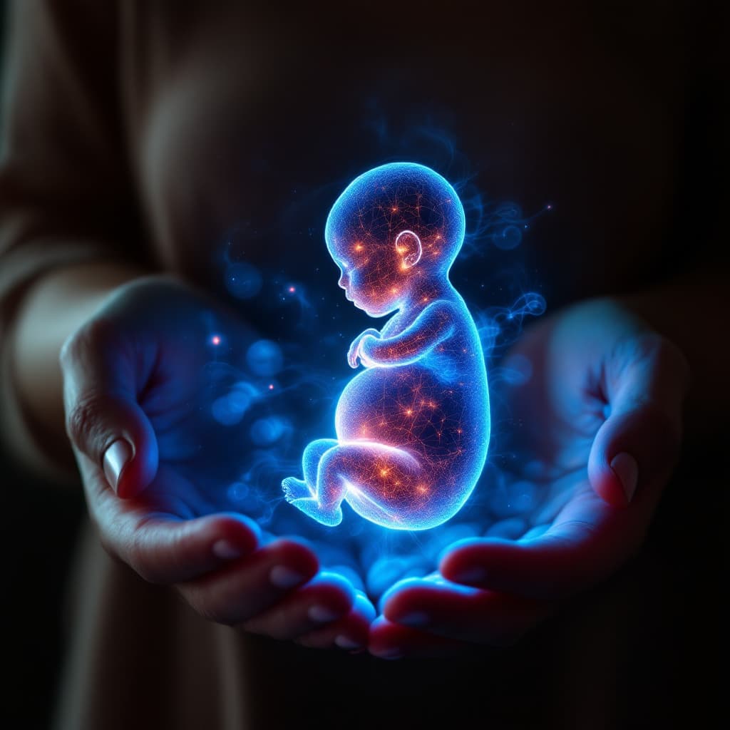 AI generated: woman holding a glowing baby foetus in her hands
