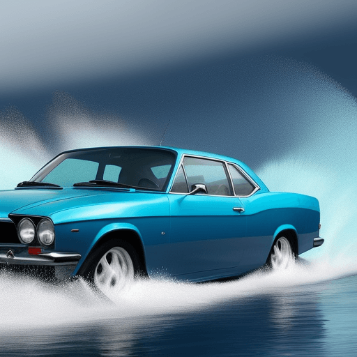 AI generated: a blue car driving throw the water,cool,gowing,