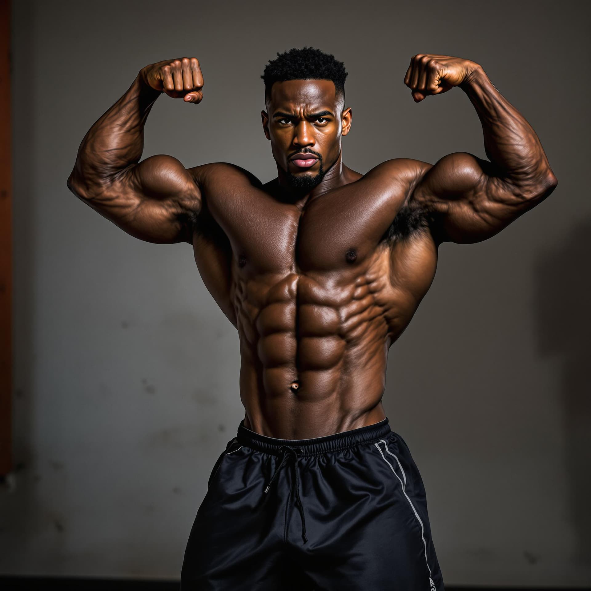 AI generated: a black bodybuilder in gym shorts giving a power pose