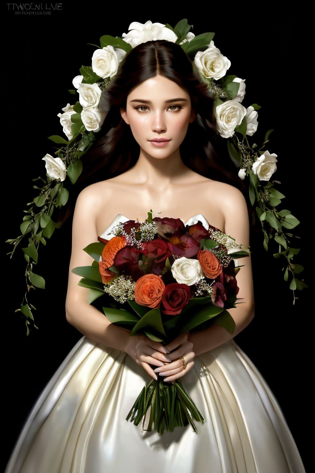 AI generated: portrait of a beautiful mysterious woman holding a bouquet of flowing flowers, hands hidden under th...