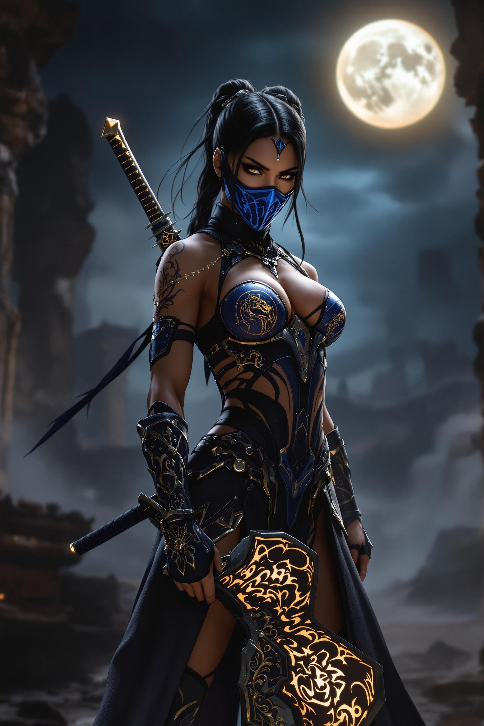 AI generated: Kitana from Mortal Kombat, action-ready in an artistic and battle-focused pose. She wears an elegant...