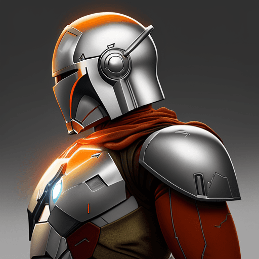 AI generated: Mandalorian, bust, side view, iron-man, silver color, sleek, solid orange backdrop, rtx shader, real...
