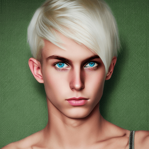 AI generated: Platinum blonde woman with very short boyish hair, 25 years old. She wears black skinny pants and a ...