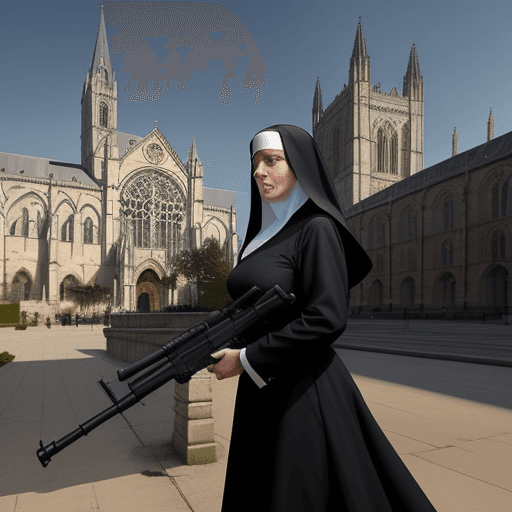 AI generated: nuns with guns, a beautiful nun holding a large machine gun, a cathedral in the background, beautifu...