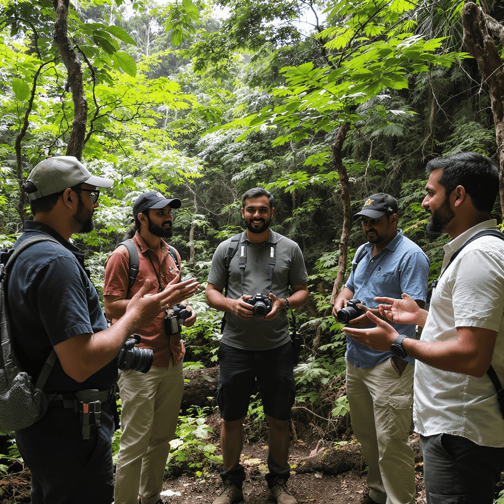 AI generated: A wide-angle 4K image of a small group of 5–6 adults (men and women) in a forest clearing in Kerala,...