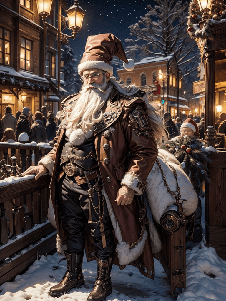 AI generated: Full body portrait, high detailed Steampunk Santa Clause, Beautiful, detailed Christmas, snow, night...