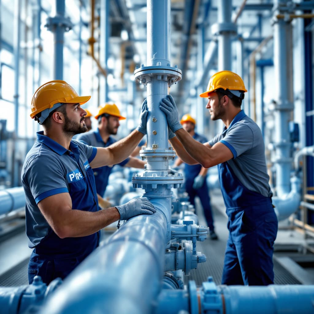 AI generated: Attractive 'Pipe valves' (Blue text logo with red pipe underline) workers wearing only a tight compa...