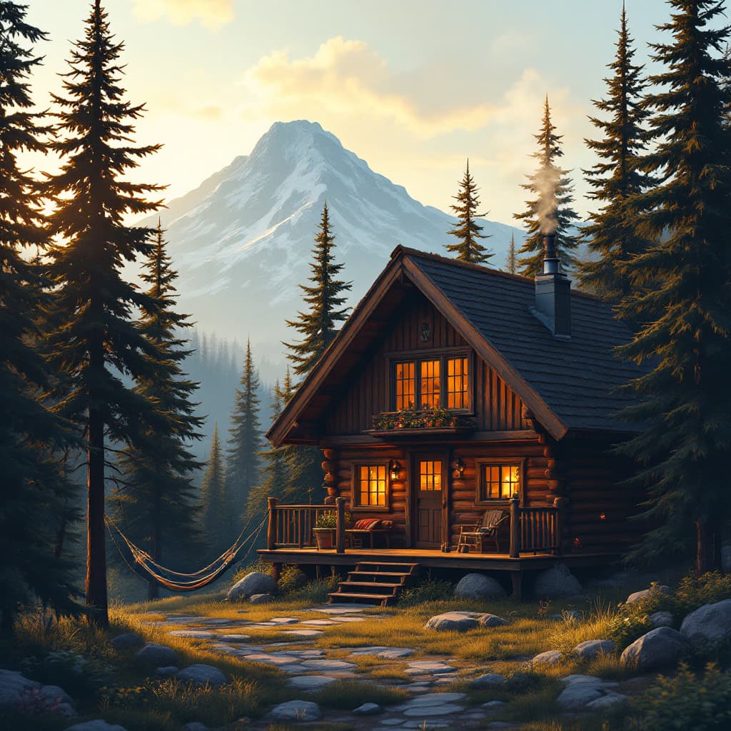 AI generated: ((Cozy wooden cabin)), surrounded by pine trees, warm golden hour light spilling onto a rustic porch...