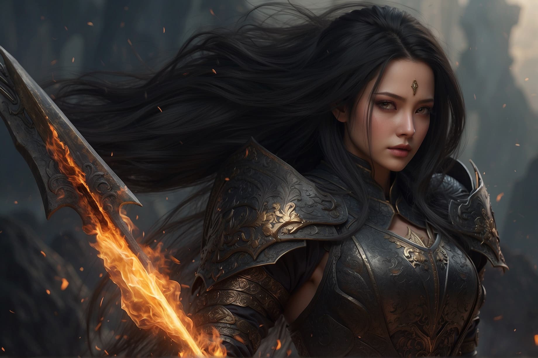 AI generated: Realistic women with black scary armor, Holding fire Sword, human face, long hair, perfectly detaile...