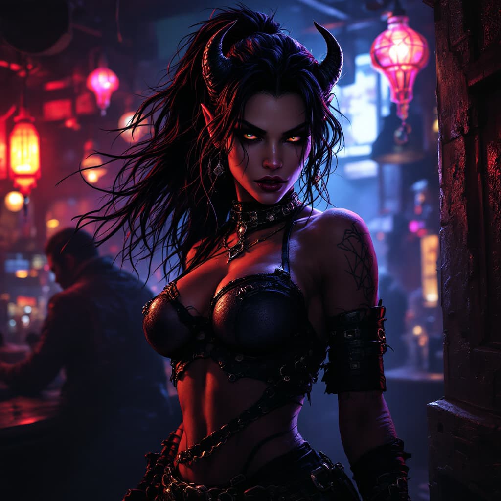 AI generated: shadowrun artwork of a attractive female orc in night club background

