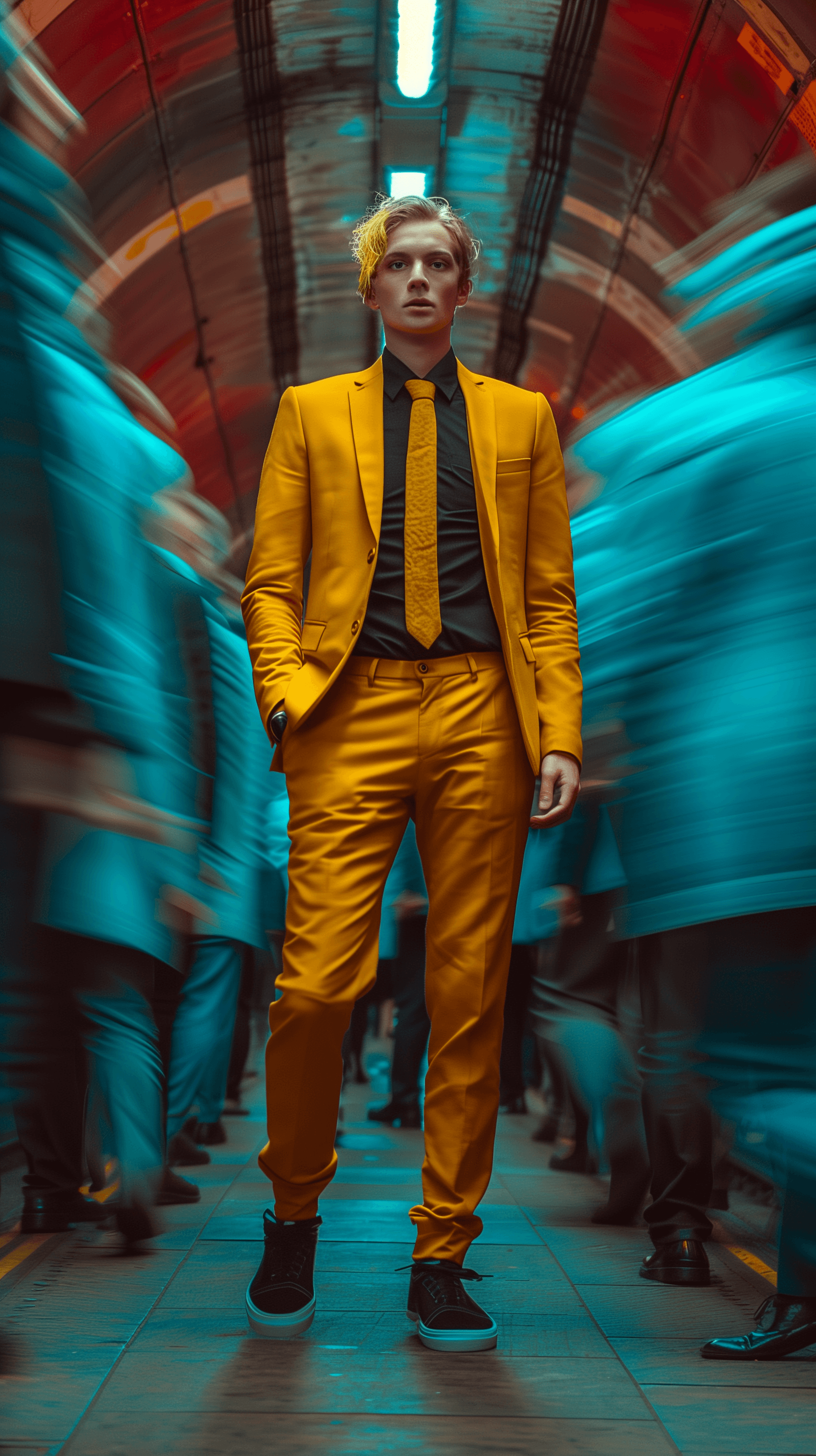 AI generated: photography, front view, full-body shot, artistic image capturing the essence of urban hustle with a...