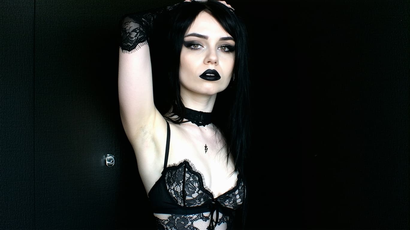 AI generated: Emma Langevin (TikTok Goth E-Girl) In Elegant Lacy Underwear