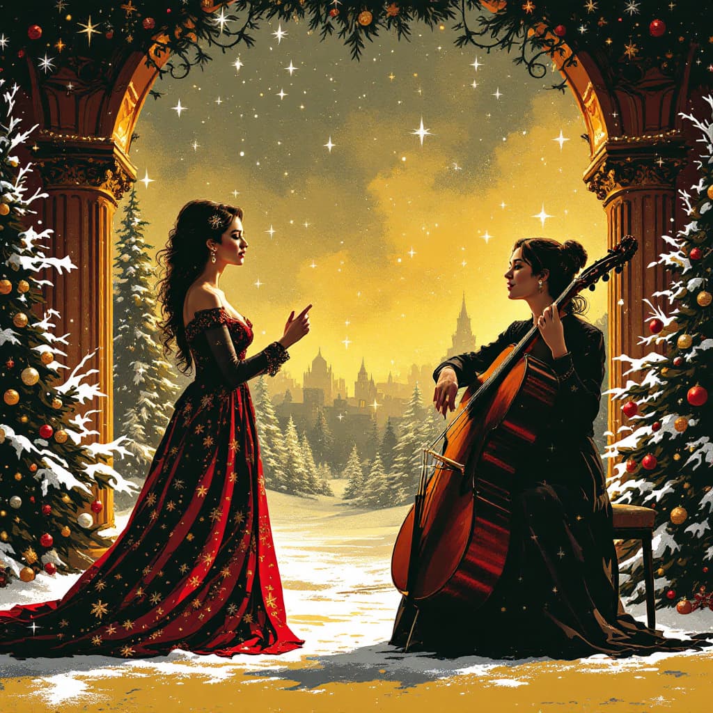 AI generated: a female opera singer and a female classical guitarist performing a christmas song with a christmas ...