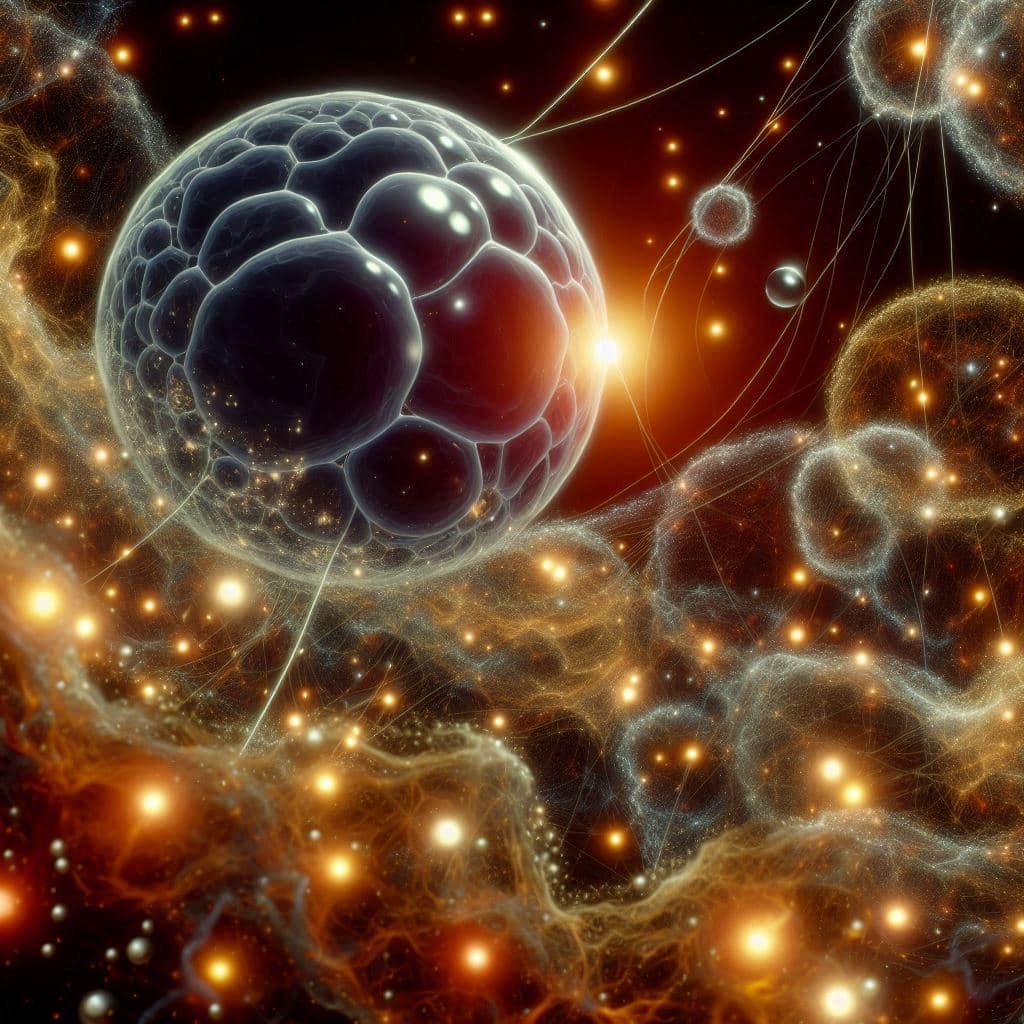 AI generated: Big in the foreground is a dark bio-spaceship made of transparent amoeba. The strange universe is a ...