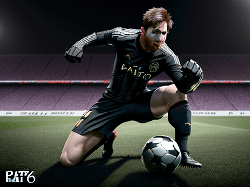 AI generated: Messi doing the classic Black Panther pose on the pitch, in the style of the Stars Art Group, photor...