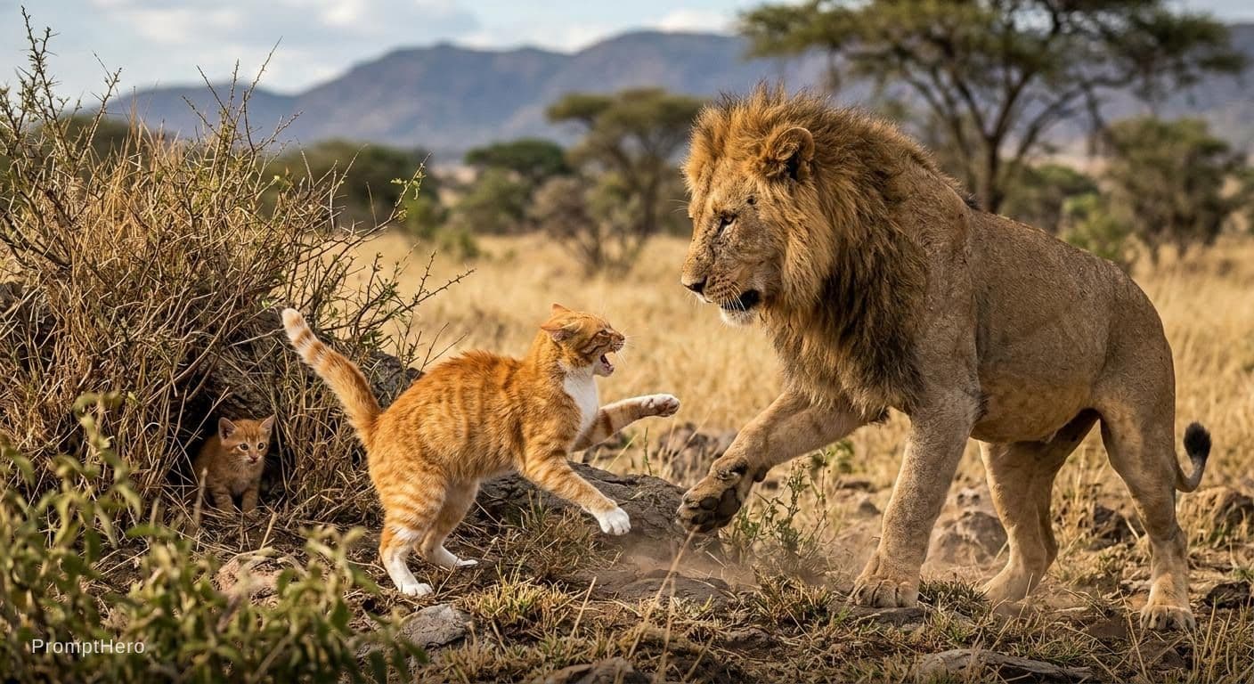 AI generated: an orange cat with white chest and paws  fighting with a lion to defend its little cat