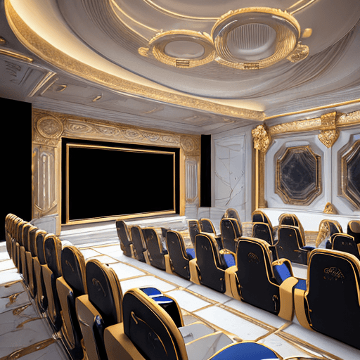 AI generated: pretty and coquettish, futuristic high-end movie theater room, high angle view, octane render,  porc...