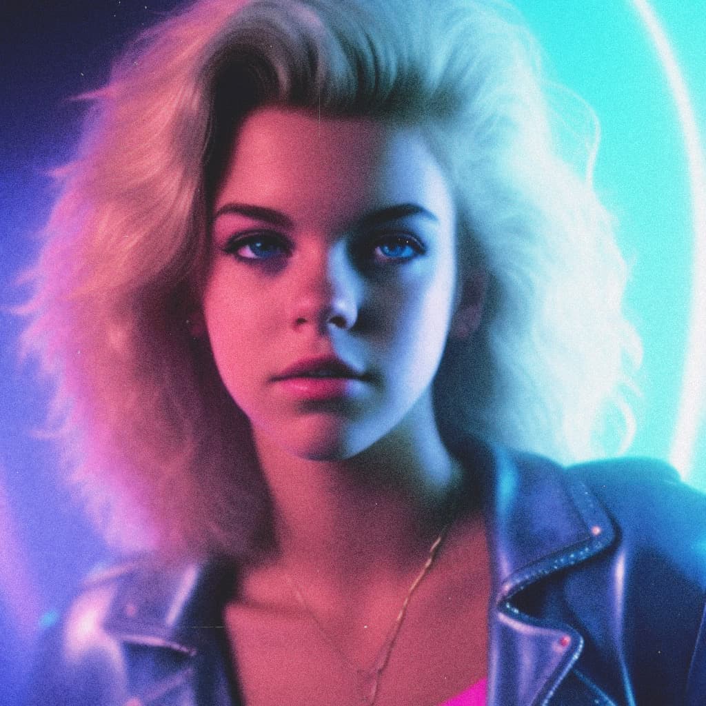 AI generated: a woman with blonde hair and neon jacket, in the style of vintage cinematic look, ray tracing, grain...