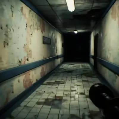AI generated video: First-person view walking through a dark, abandoned hospital corridor. The camera moves slowly and c...