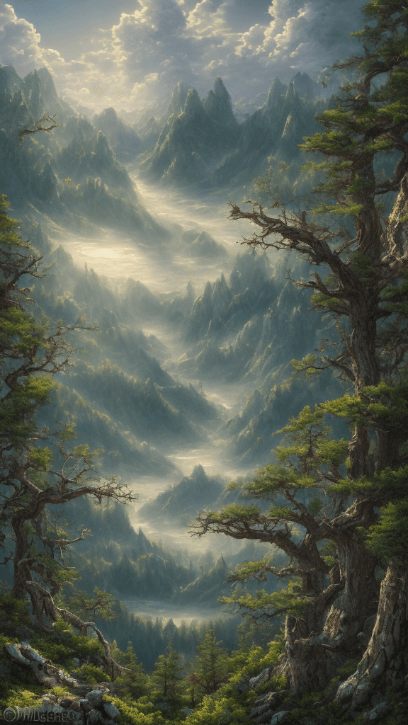 AI generated: view of a valley from the top of a mountain, spring, pine forest, clouds, fantasy, digital art, phot...