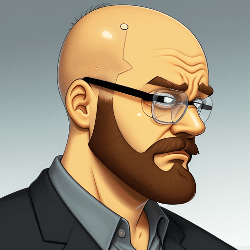 AI generated: simpson characther, bald, bearded boy, square glasses, profile, sad, crying 