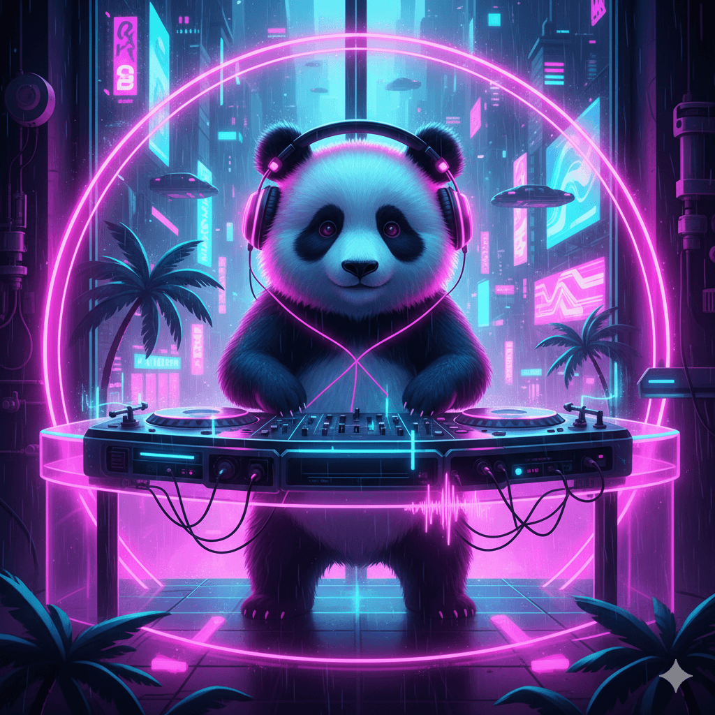 AI generated: A cute panda as a DJ, wearing glowing neon pink headphones. The animal is standing behind a futurist...