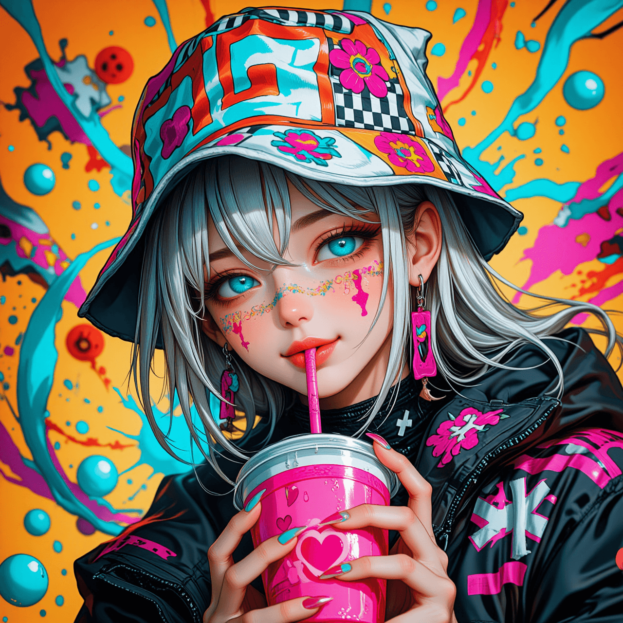 AI generated: Vibrant anime-style close-up portrait of a stylish young woman with fair skin, large sparkling brigh...