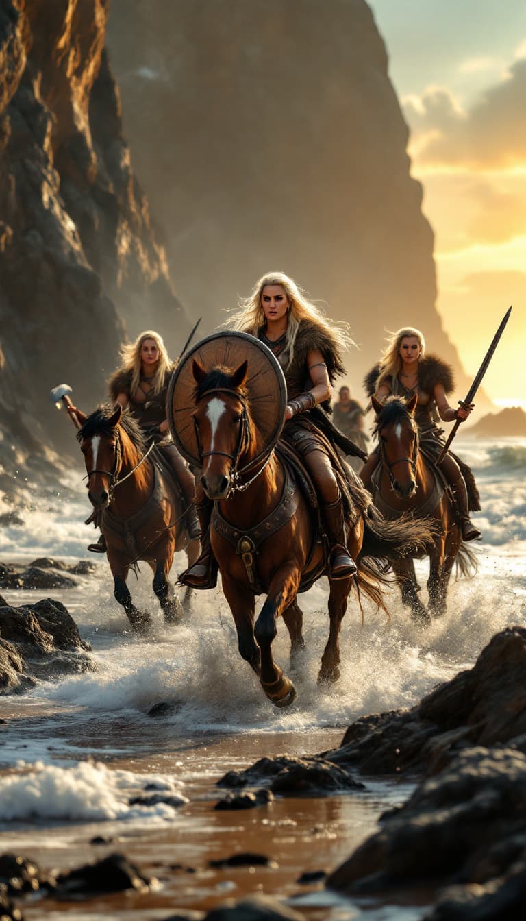 AI generated: A group of four Viking warrior women riding horses along a rocky beach; one leads the charge with a ...