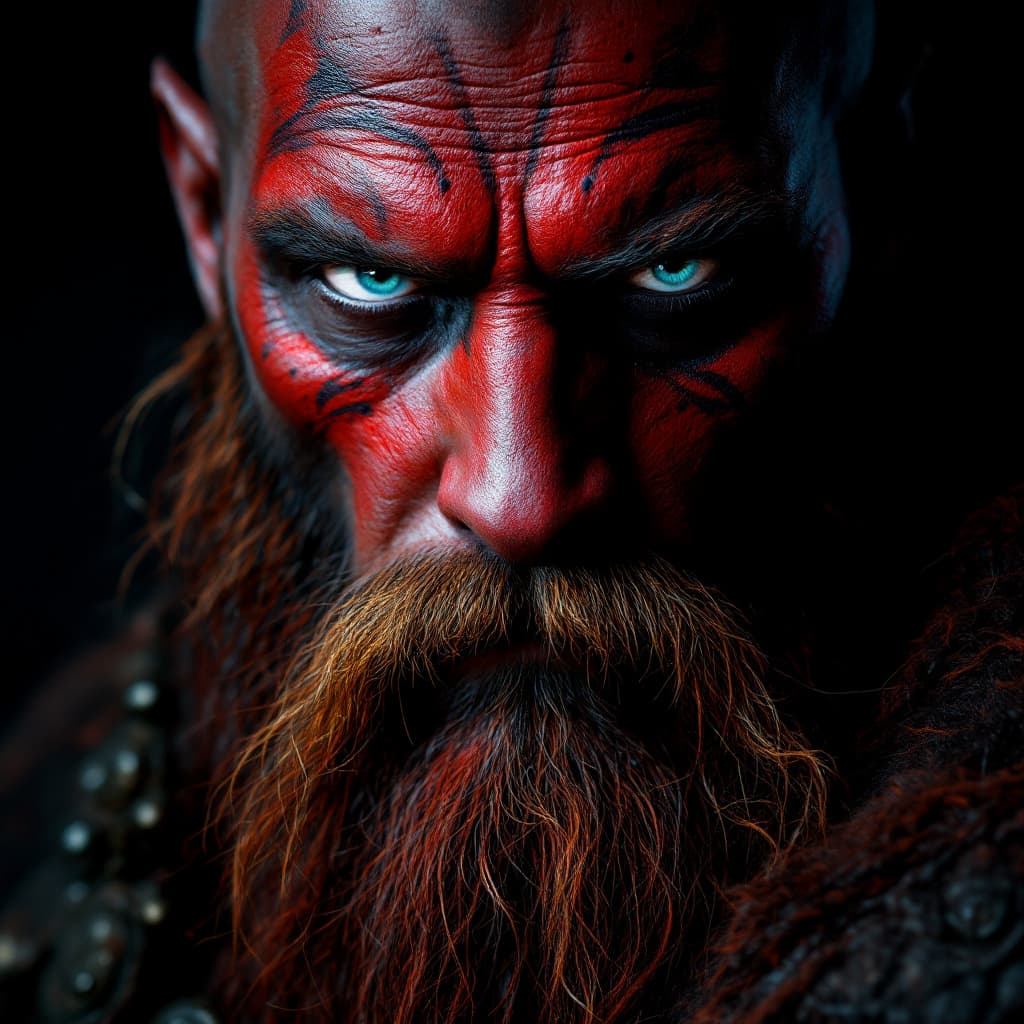 AI generated: hyperrealistic style, portrait photo of a Viking warrior chief, tribal panther make up, red on black...