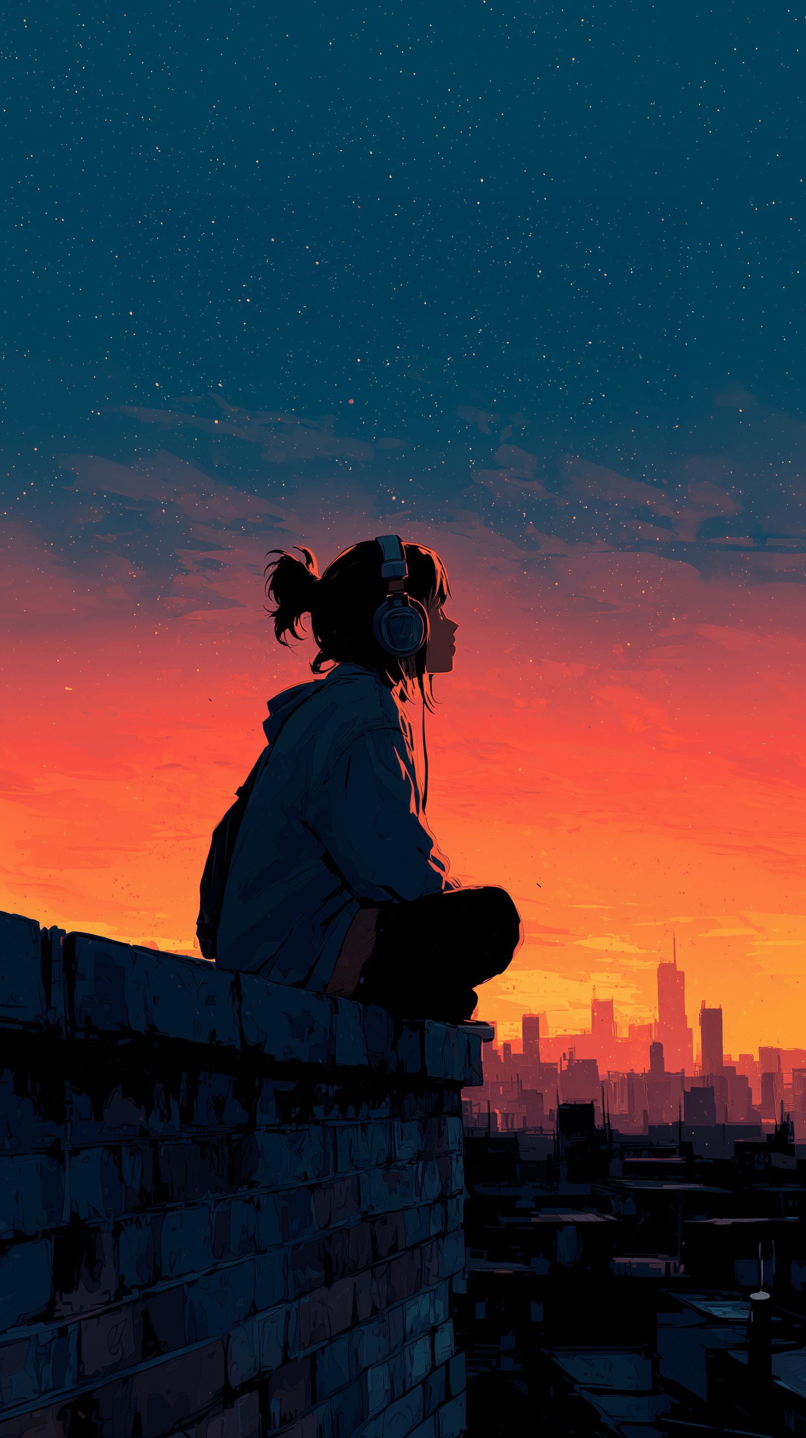 AI generated: artistic, illustration artwork, quiet rooftop at dusk with soft sunlight and complex city skyline in...