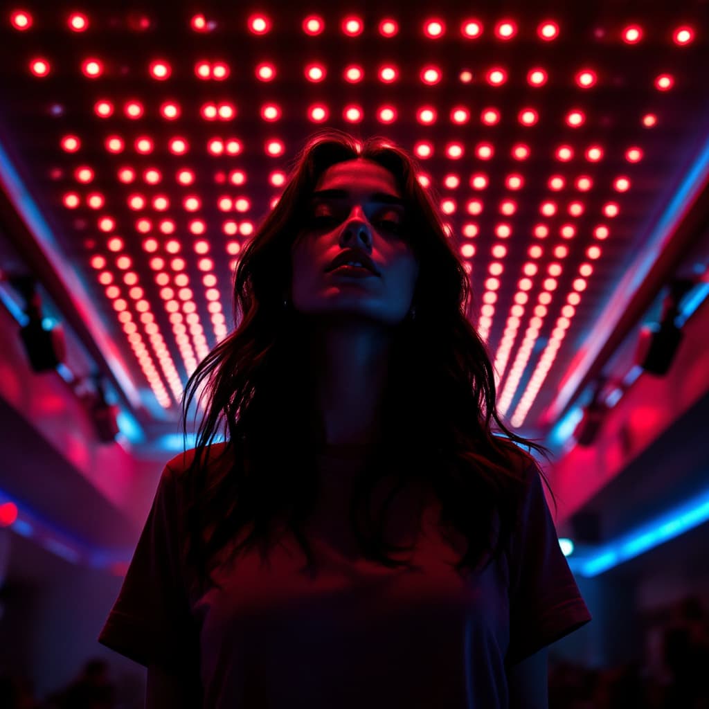 AI generated: cinematic, moody image, featuring attractive woman, tshirt, in front of Watergate, ceiling covered i...