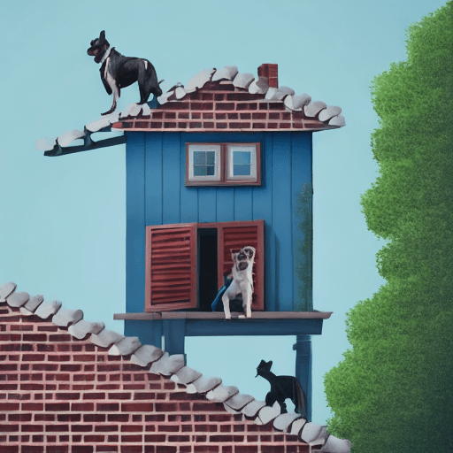 AI generated: realistic scene of a dog on the roof of a building spying on a blue house down the street that has a...