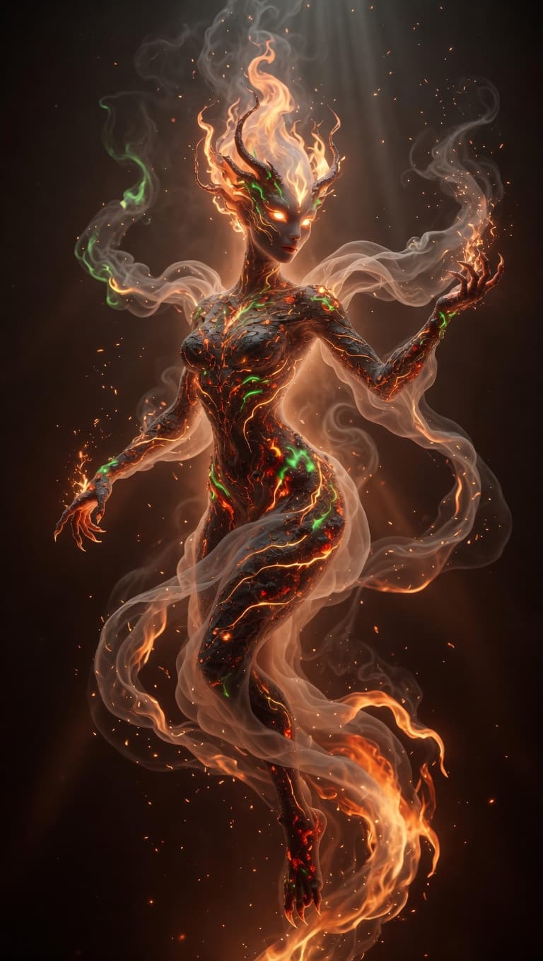 AI generated: A majestic full-body shot of a breathtakingly beautiful yet fiercely toxic ethereal fire creature li...