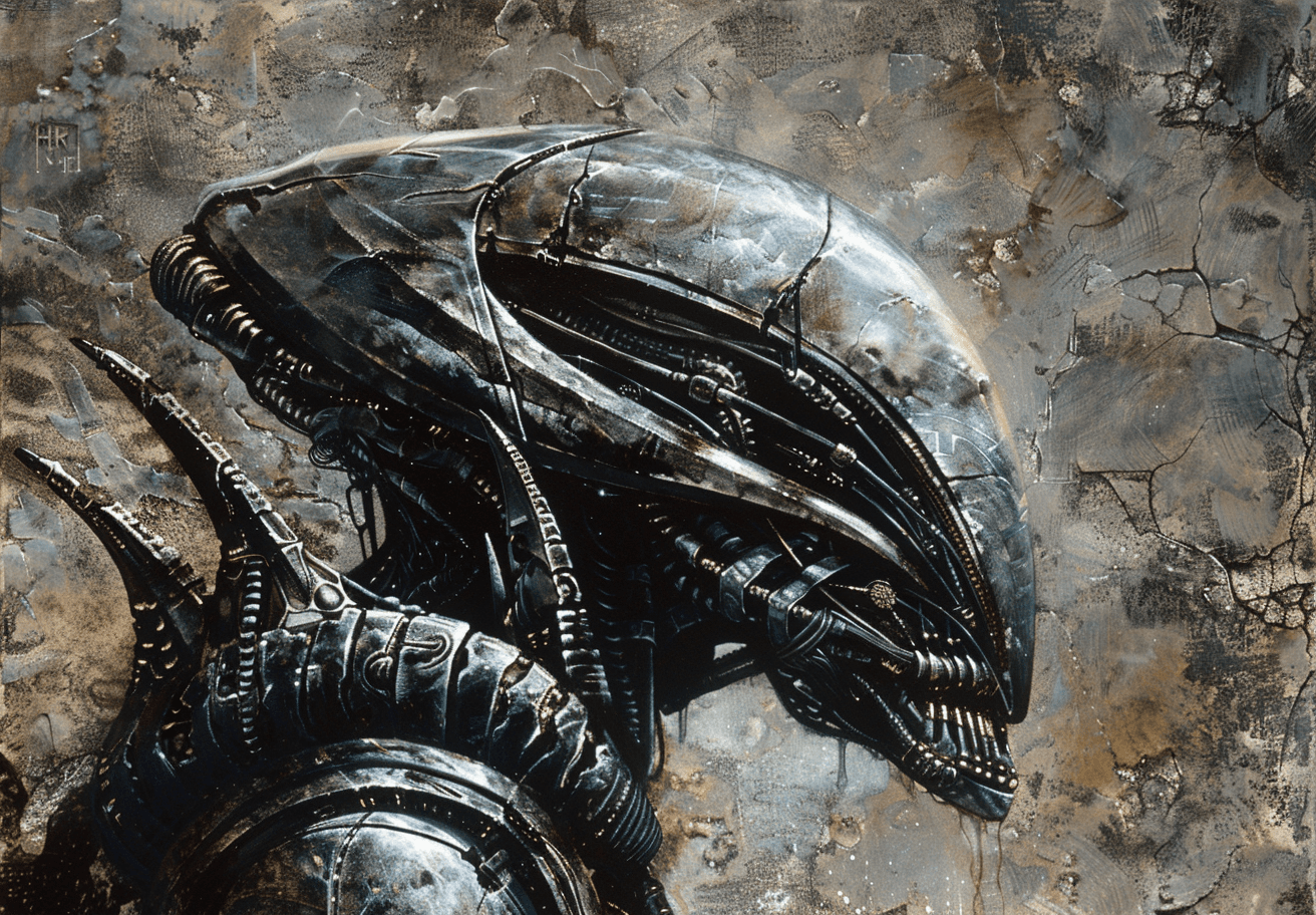 AI generated: Hr Giger's painting depicting the alien from "Dune" in his helmet, closeup of an anthropomorphic cre...