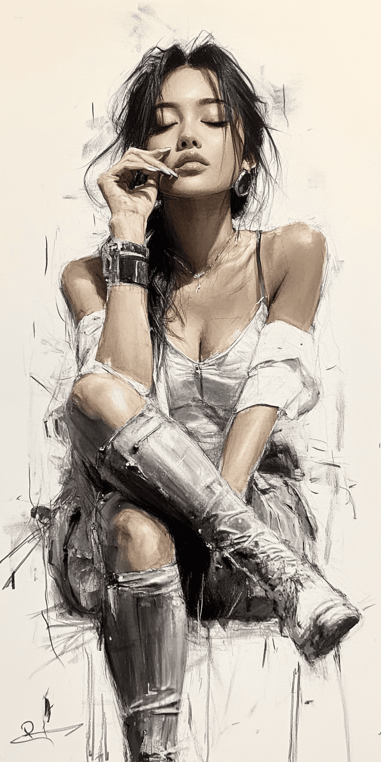 AI generated: Rough charcoal sketch on old paper, beautiful female figure, seductive pose, clean line art --chaos ...
