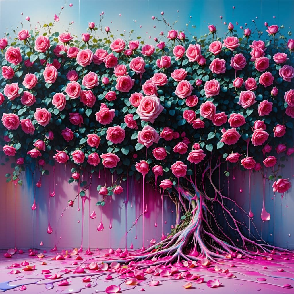 AI generated: A rose shines in front of an immense rose bush that creates a surreal wall of more roses, which bran...
