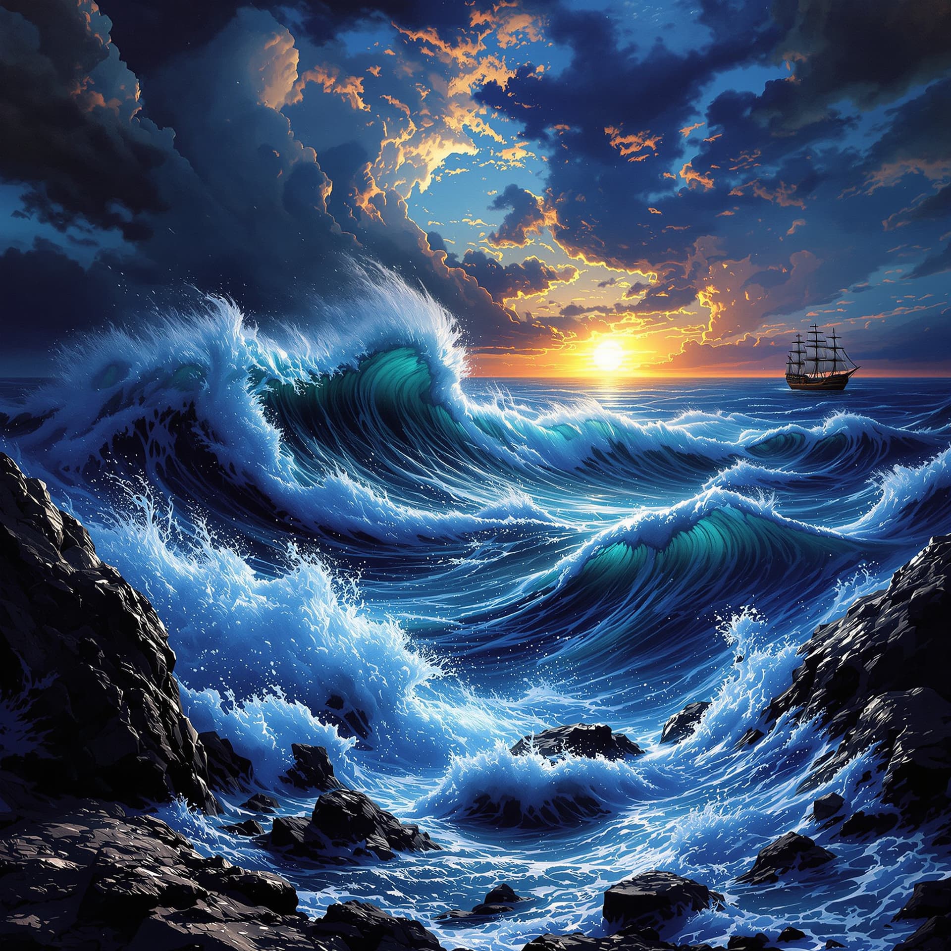 AI generated:  Psychedelic, surreal, A stormy ocean with towering waves crashing onto giant quartz crystals, dark ...