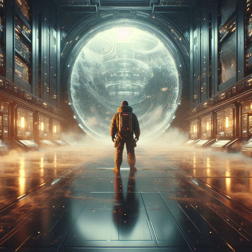 AI generated: A slow, cinematic animation of a lone man in a rugged bio-suit standing inside a massive sci-fi bunk...