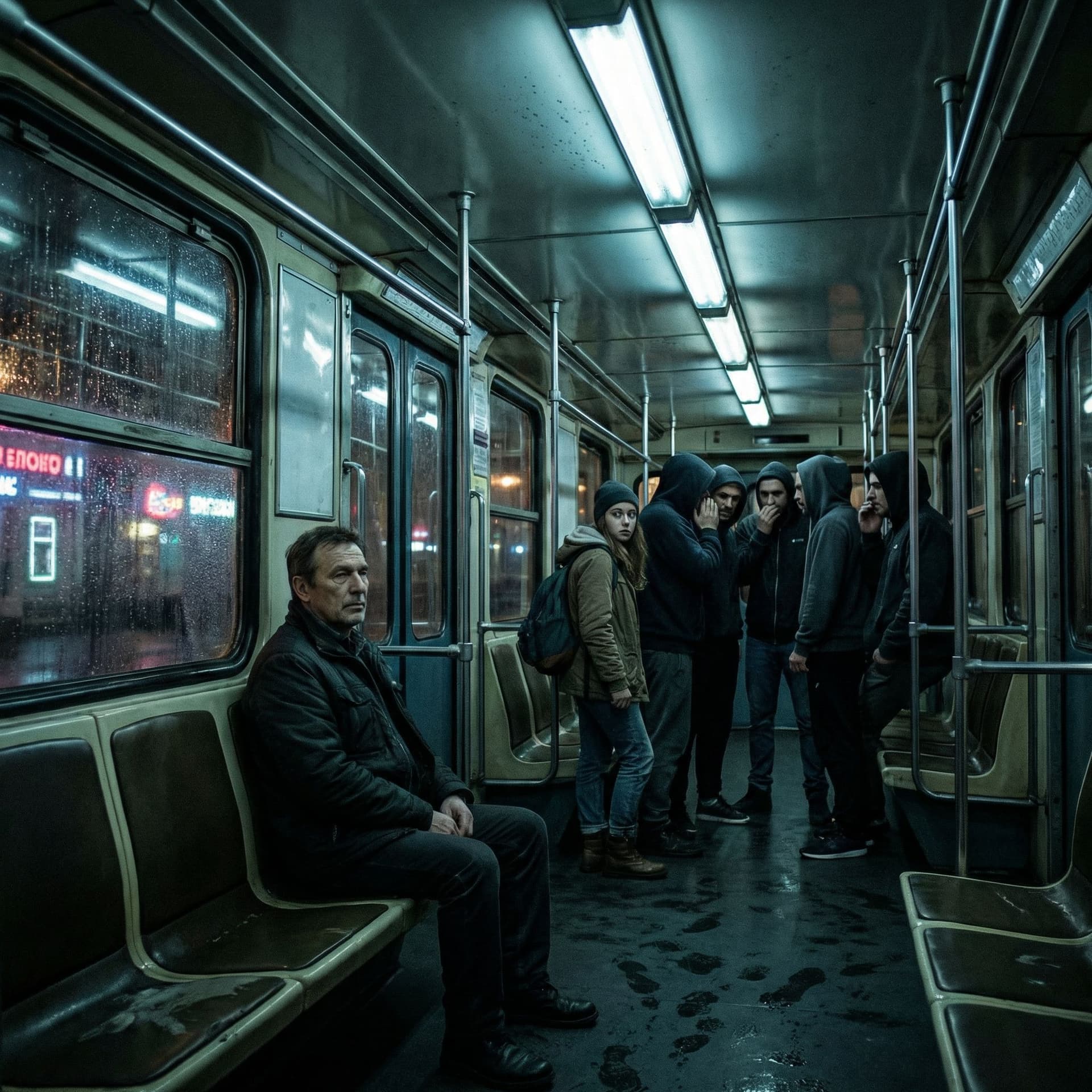 AI generated: A dimly lit metro train at midnight, wet reflections from rain outside the windows, 8 passengers sea...