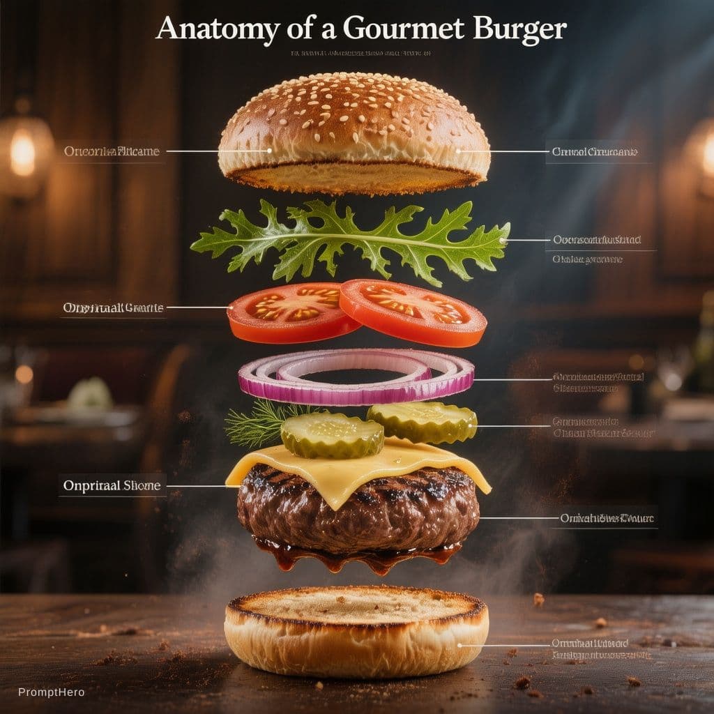 AI generated: Ultra-realistic cinematic food infographic of a gourmet burger in exploded view, each ingredient flo...