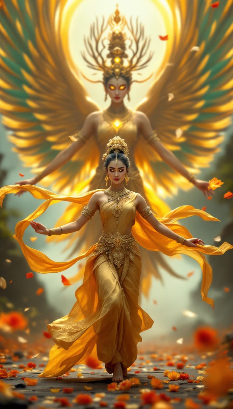 AI generated: An ultra-realistic, wide angle, front facing, full-body portrait of a mesmerizing Dancer in golden t...