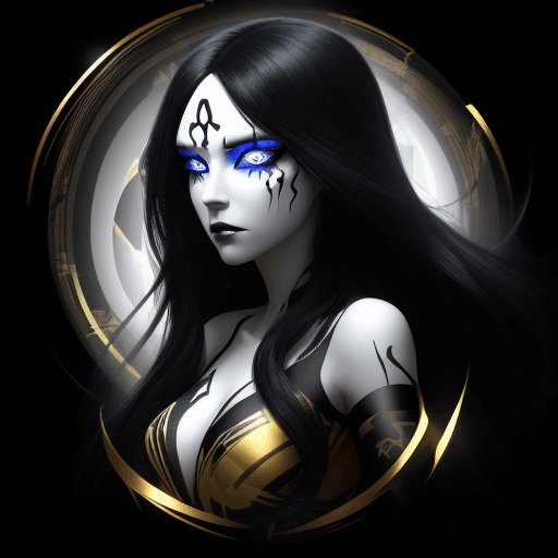 AI generated: "Ghost" in Bold Gold and Black 3D graffiti font. woman with long black hair, blue eyes, dark side, w...
