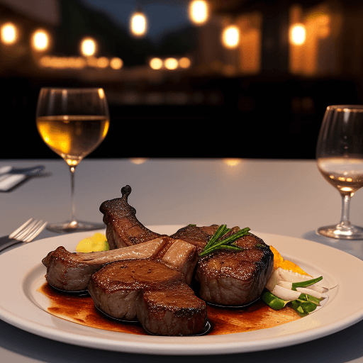 AI generated: a close-up magazine quality shot of a table with center composition barbecue lamb chop medium rare d...