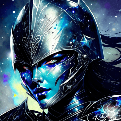 AI generated: "sinister beautiful lady knight, helmet, stellar galaxy constellations splatter, deep black indigo c...