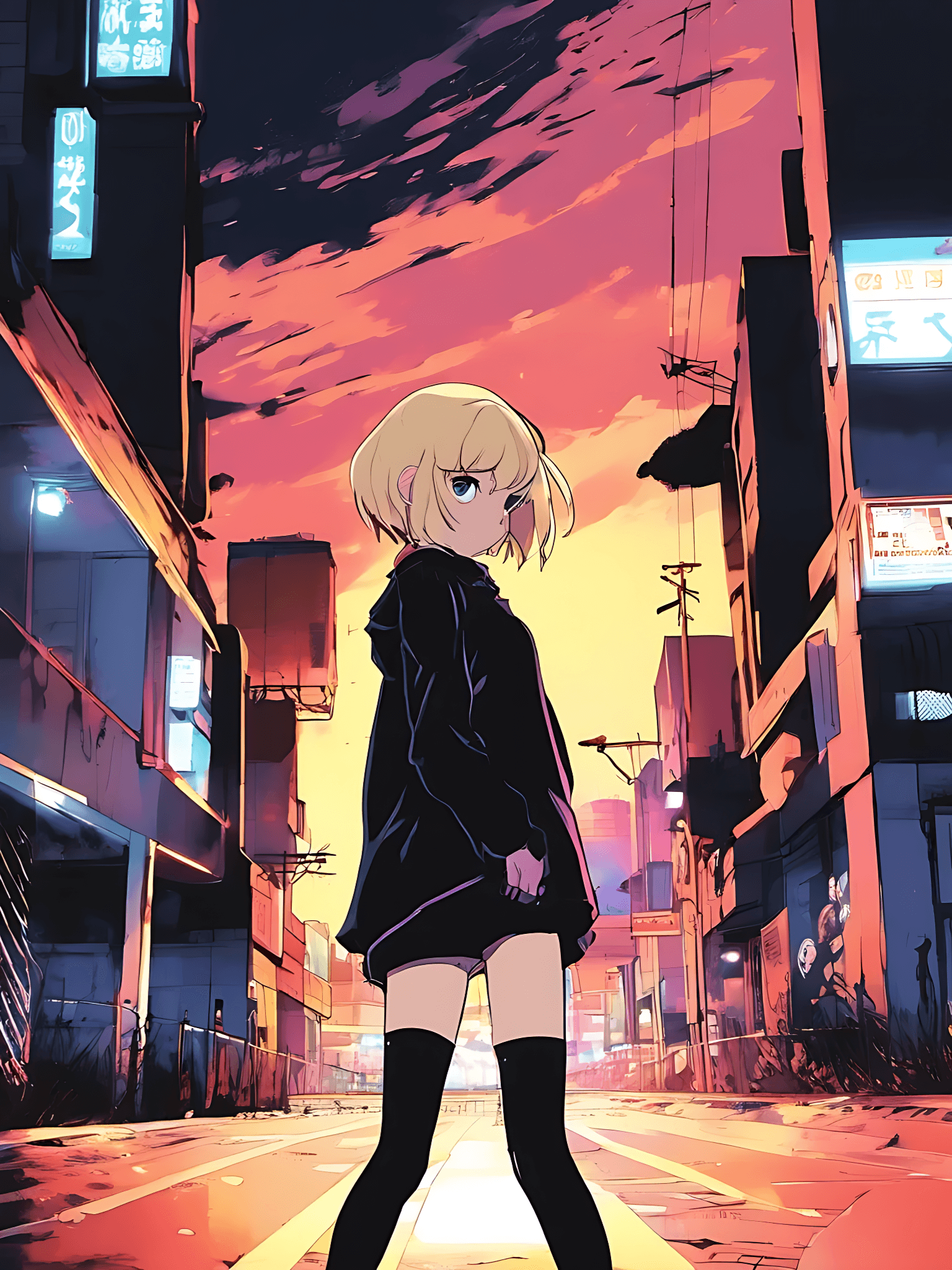 AI generated: Blonde Girl, short hair, high detailed eyes, (dark colors), rockstar outfit, standing, (shy:0.6), ci...