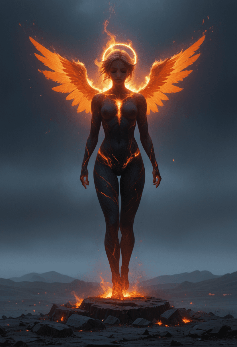 AI generated: powerful,cinematic fantasy artwork depicting a mythic figure ascending in a blaze of divine fire. A ...